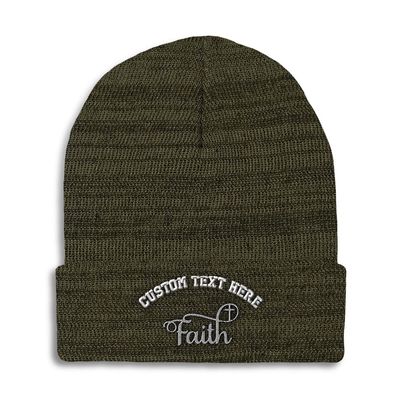 Custom Beanies for Men Faith Christian Cross Embroidery Christian Crucifix Winter Hats for Women Acrylic Skull Cap 1 Size Heather Olive Green Personalized Text Here