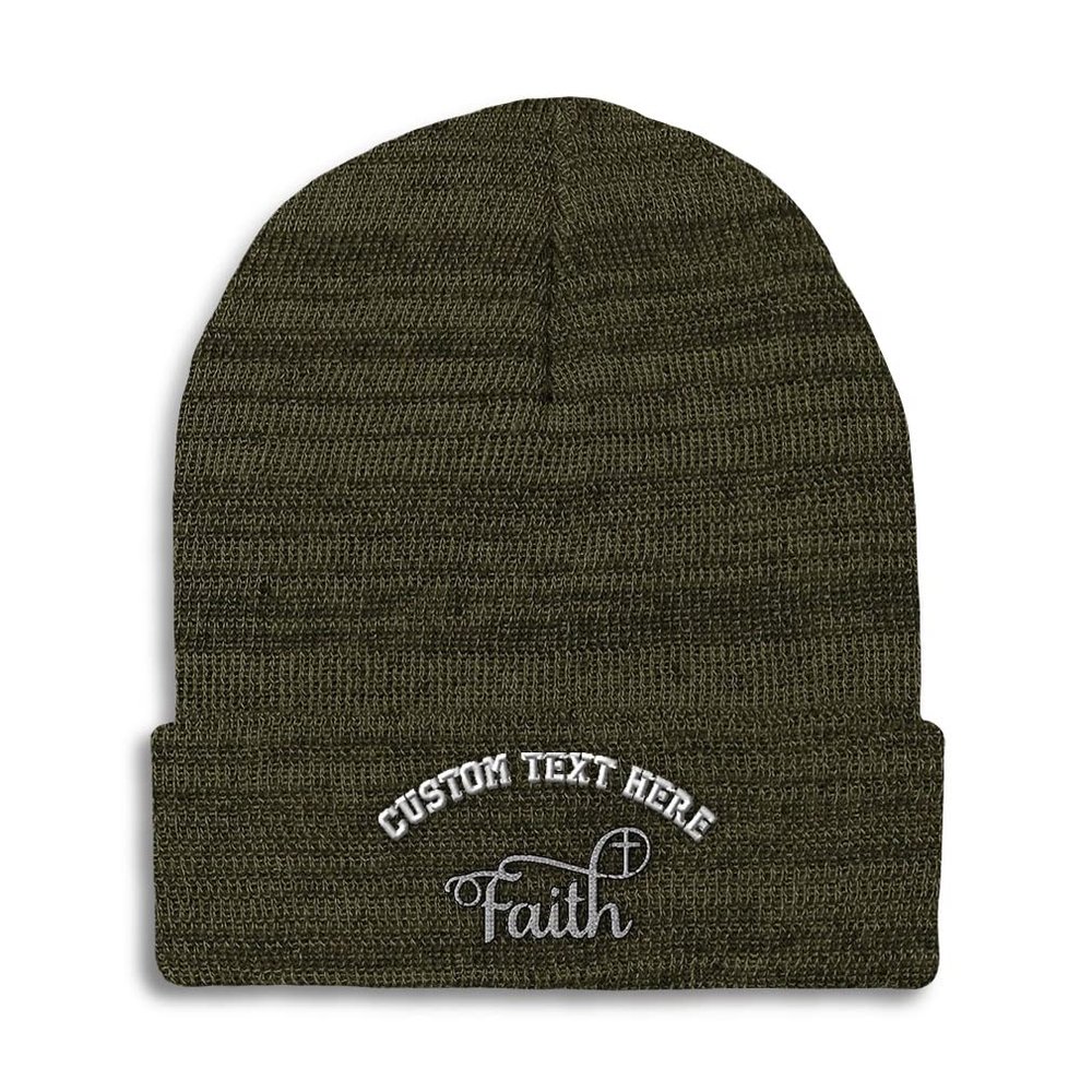 Custom Beanies for Men Faith Christian Cross Embroidery Christian Crucifix Winter Hats for Women Acrylic Skull Cap 1 Size Heather Olive Green Personalized Text Here