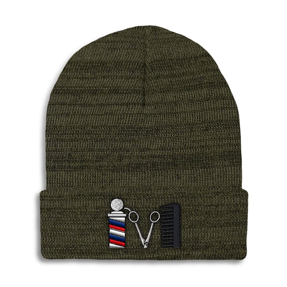 Speedy Pros Beanies for Men Barber Logo Embroidery Skull Cap Winter Hats for Women Acrylic One Size Heather Olive Green Design Only
