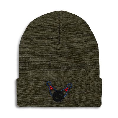 Beanies for Men Bowling Sports E Embroidery Bowling Bowling Pins Embroidery Winter Hats for Women Acrylic Skull Cap 1 Size Heather Olive Green Design Only
