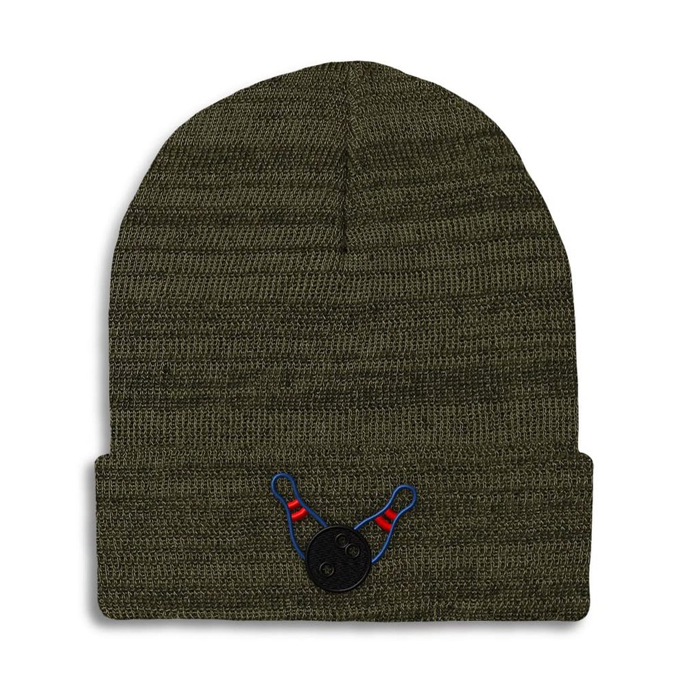 Beanies for Men Bowling Sports E Embroidery Bowling Bowling Pins Embroidery Winter Hats for Women Acrylic Skull Cap 1 Size Heather Olive Green Design Only