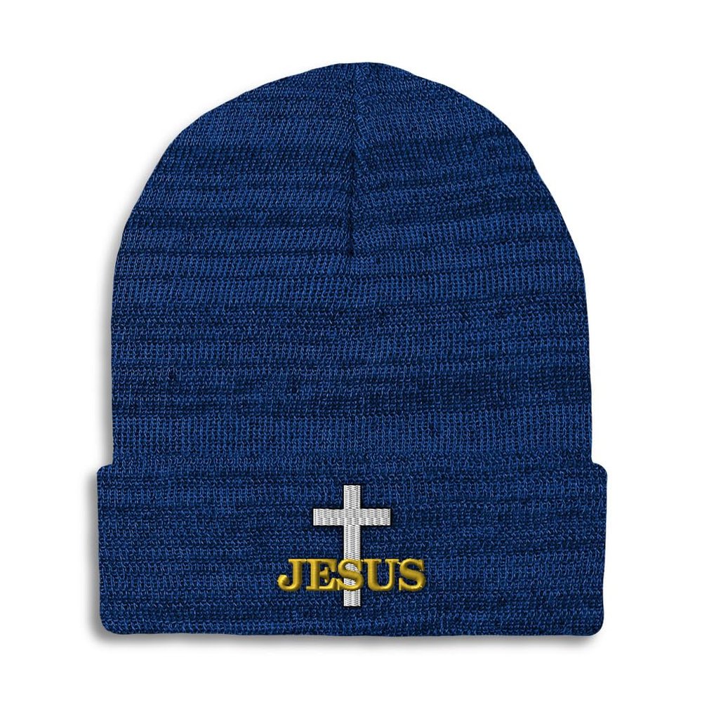 Beanies for Men Christian Cross Jesus Faith Jesus Christ Skull Cap Winter Hats for Women Acrylic One Size Heather Royal Blue Design Only