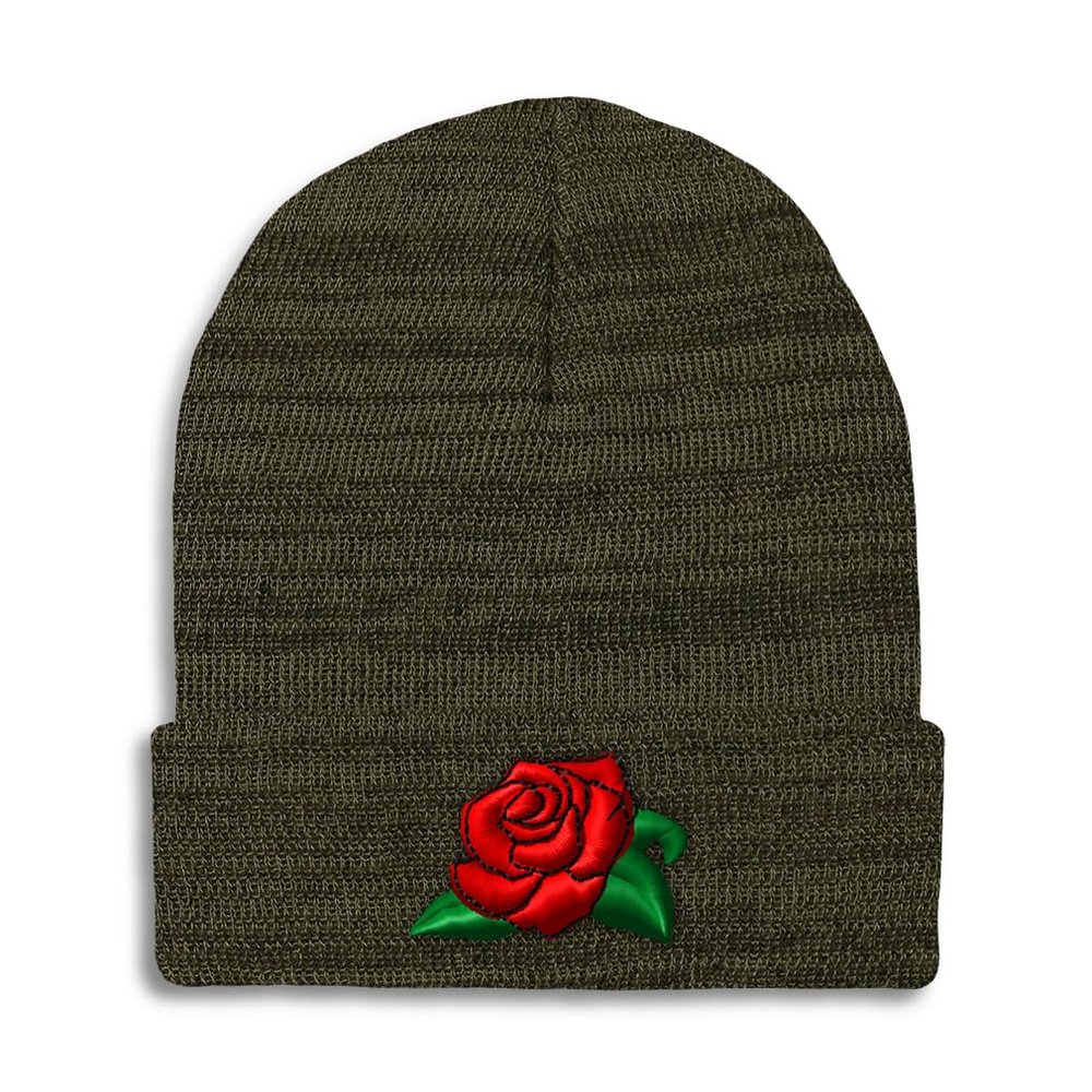 Speedy Pros Beanies for Men Rose Flower A Embroidery Skull Cap Winter Hats for Women Acrylic One Size Heather Olive Green Design Only