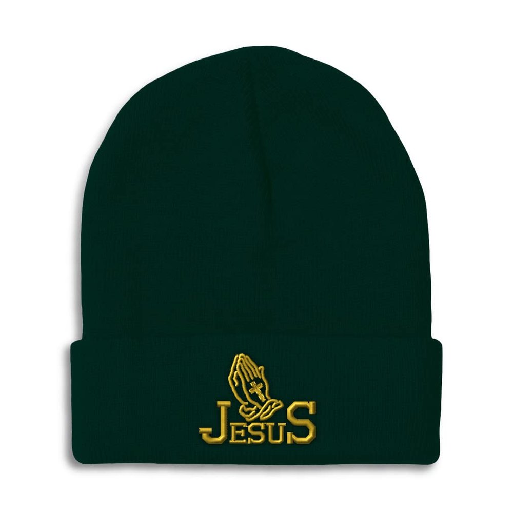 Beanies for Men Jesus Christian Hands Praying A Embroidery Christian Belief Winter Hats for Women Acrylic Skull Cap 1 Size Forest Green Design Only