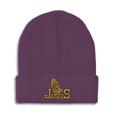 Beanies for Men Jesus Christian Hands Praying A Embroidery Christian Belief Winter Hats for Women Acrylic Skull Cap 1 Size Purple Design Only