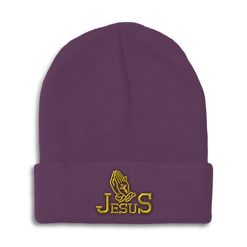 Beanies for Men Jesus Christian Hands Praying A Embroidery Christian Belief Winter Hats for Women Acrylic Skull Cap 1 Size Purple Design Only