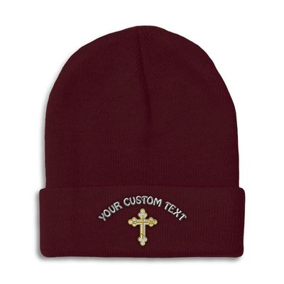 Custom Beanies for Men Gold Outline Orthodox Cross Faith Jesus God Skull Cap Winter Hats for Women Acrylic One Size Burgundy Personalized Text Here