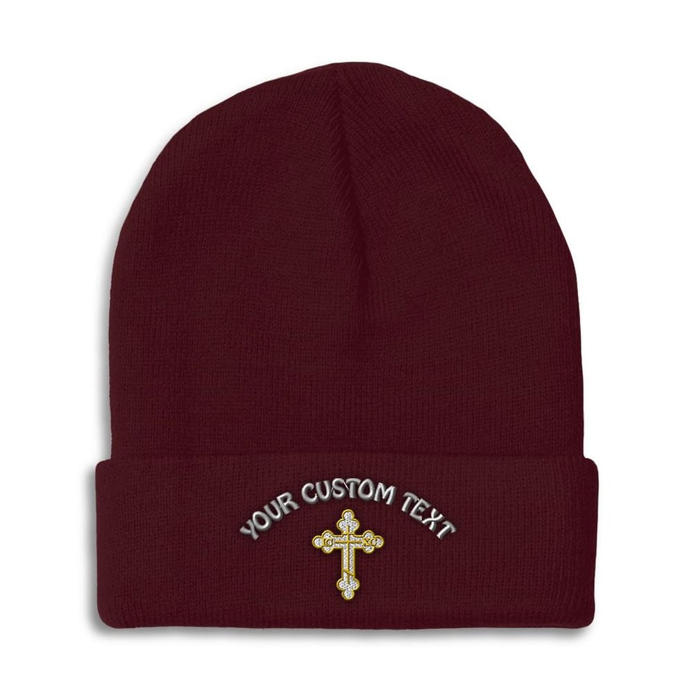 Custom Beanies for Men Gold Outline Orthodox Cross Faith Jesus God Skull Cap Winter Hats for Women Acrylic One Size Burgundy Personalized Text Here