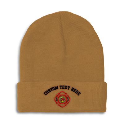 Custom Beanies for Men Maltese Cross Firefighter Embroidery Skull Cap Winter Hats for Women Acrylic One Size Khaki Personalized Text Here