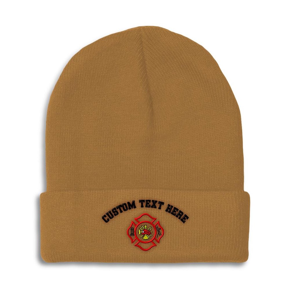 Custom Beanies for Men Maltese Cross Firefighter Embroidery Skull Cap Winter Hats for Women Acrylic One Size Khaki Personalized Text Here