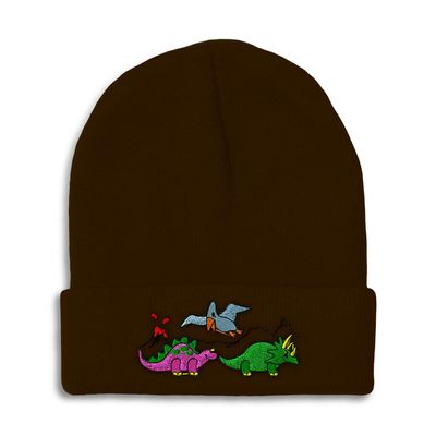 Speedy Pros Beanies for Men Pre-Historic Dinosaurs Embroidery Skull Cap Winter Hats for Women Acrylic One Size Brown Design Only