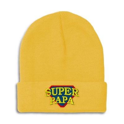 Beanies for Men Super Papa Embroidery Letters Super Papa Logo Winter Hats for Women Acrylic Skull Cap 1 Size Yellow Design Only