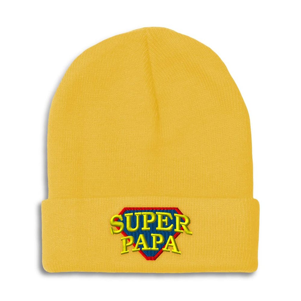 Beanies for Men Super Papa Embroidery Letters Super Papa Logo Winter Hats for Women Acrylic Skull Cap 1 Size Yellow Design Only