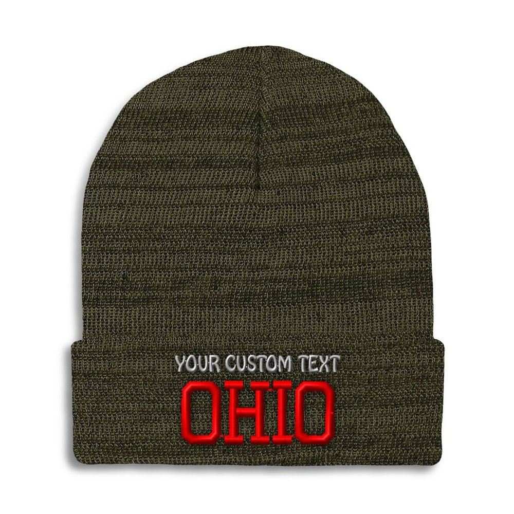 Custom Beanies for Men Ohio State USA America B Embroidery Skull Cap Winter Hats for Women Acrylic One Size Heather Olive Green Personalized Text Here