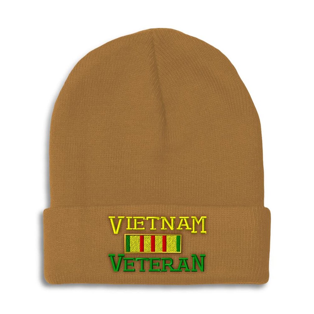 Beanies for Men Vietnam Veteran B Embroidery Others USA Winter Hats for Women Acrylic Skull Cap 1 Size Khaki Design Only