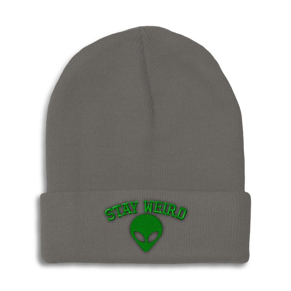 Beanies for Men Alien Stay Weird Embroidery Skull Cap Winter Hats for Women Acrylic One Size Dark Grey Design Only
