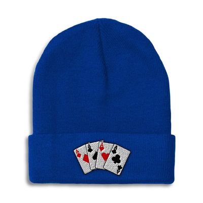 Beanies for Men Poker Cards Game Embroidery Skull Cap Winter Hats for Women Acrylic One Size Royal Blue Design Only