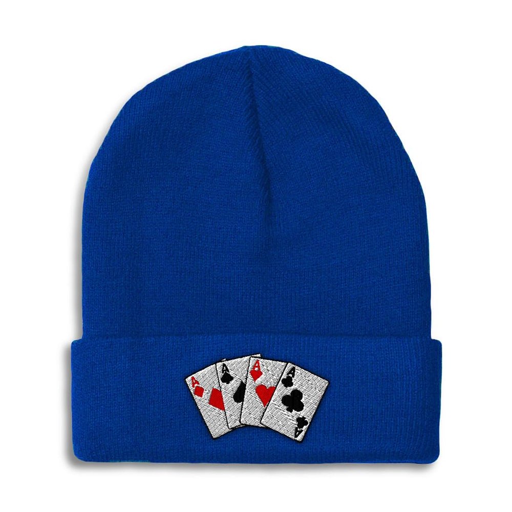 Beanies for Men Poker Cards Game Embroidery Skull Cap Winter Hats for Women Acrylic One Size Royal Blue Design Only