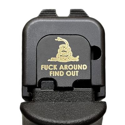 Milspin Slide Back Plate Compatible with Glock Gen 1-5 I Fuck Around Find Out I Black on Brass I Made in USA (Models G43 G43x G48)