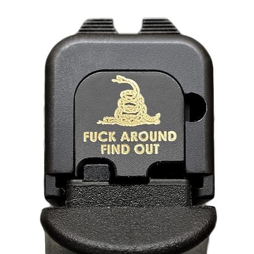 Milspin Slide Back Plate Compatible with Glock Gen 1-5 I Fuck Around Find Out I Black on Brass I Made in USA (Models G43 G43x G48)