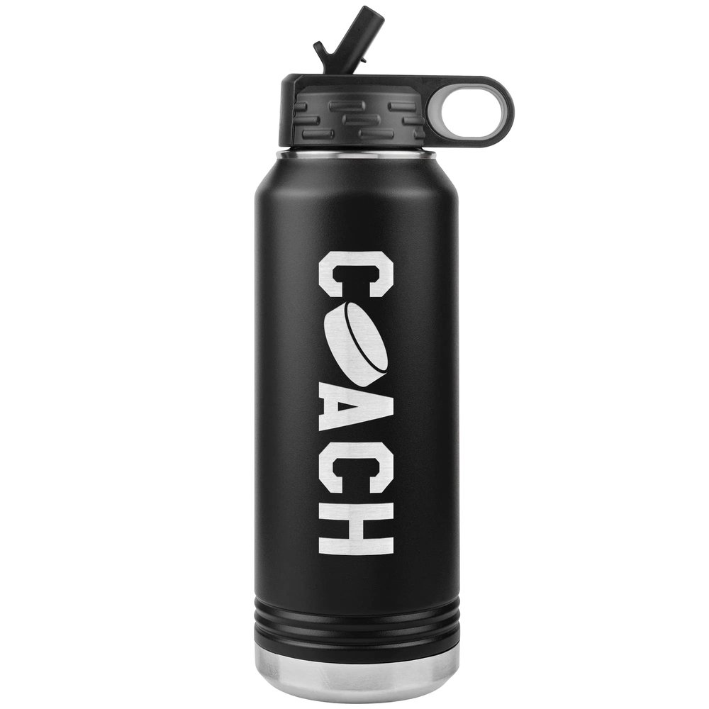 Hockey Coach Water Bottle - 32oz Insulated Flip Top Straw - Black