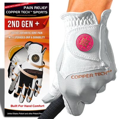 Copper Tech Plus Ladies Golf Gloves Women (2nd Gen) | Copper Compression Joint Support with Flexible & Comfortable Fit | Tacky Silicone Pad (White/White, Medium-Large, Right)
