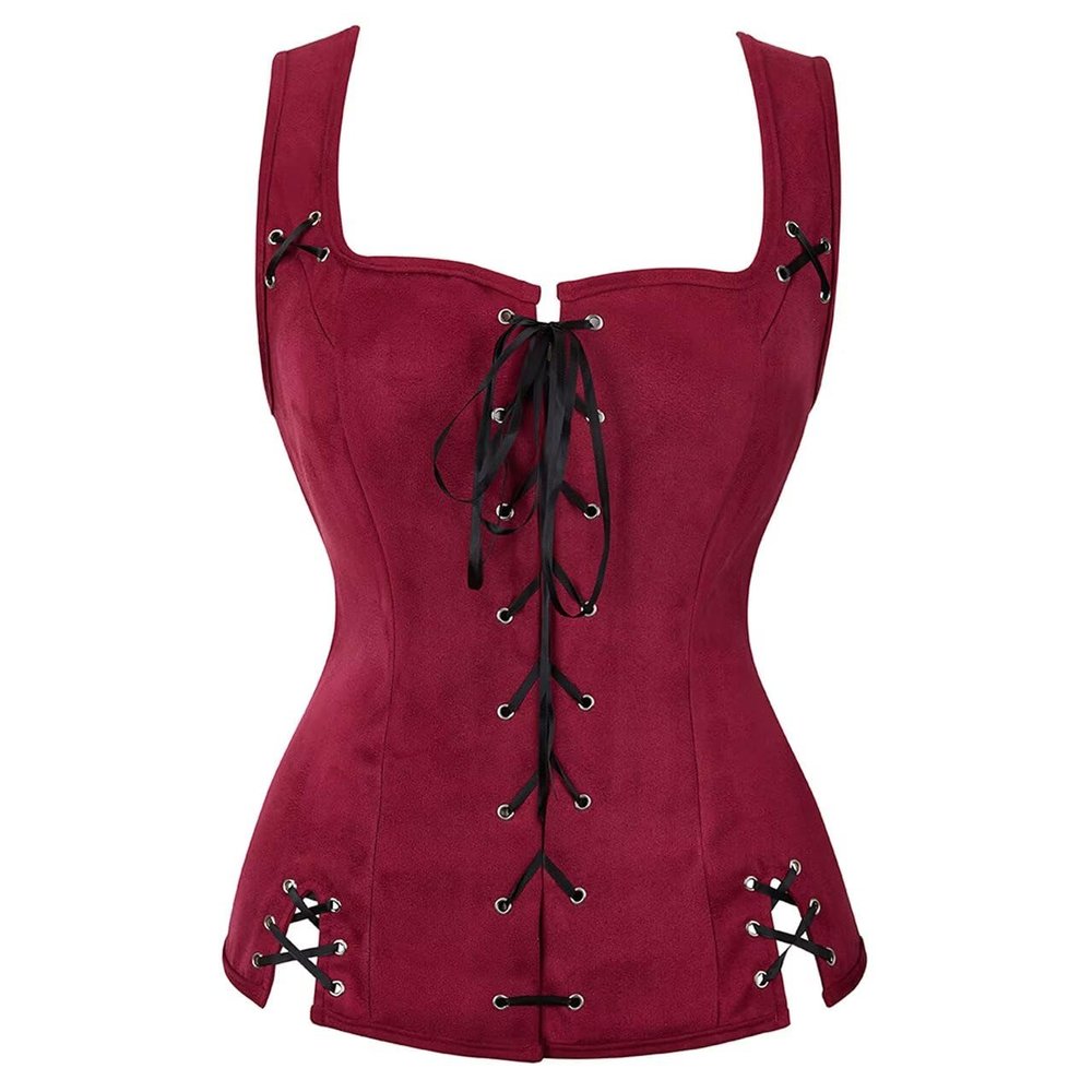 Grebrafan Renaissance Pirate Vest Women Medieval Steampunk Viking Costume (US(14-16) 3XL, Wine Red)