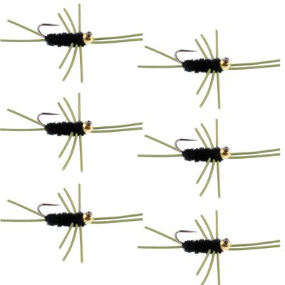 The Fly Fishing Place Tungsten Bead Jigged Pat's Rubber Legs Nymph Fly Fishing Flies - Black with Olive Legs - Trout and Bass Wet Fly Pattern - 6 Flies Hook Size 10