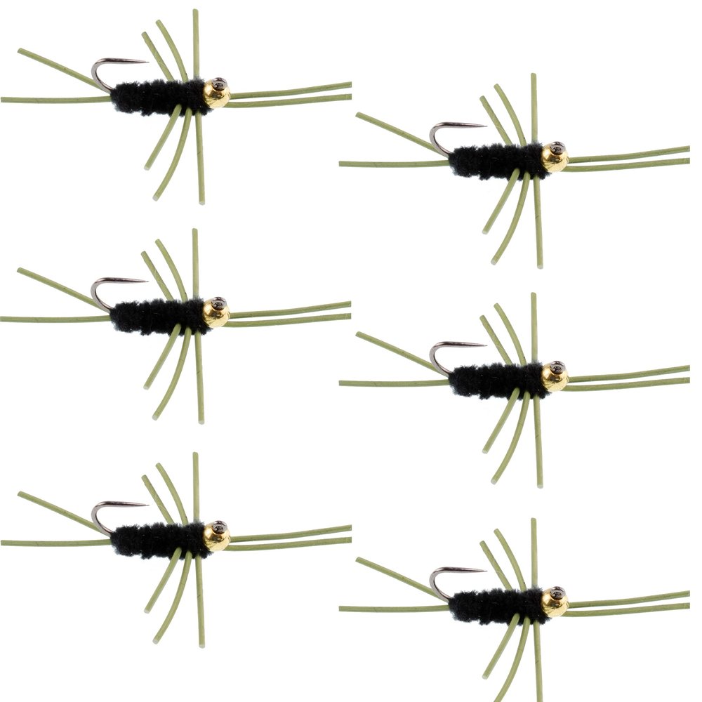 The Fly Fishing Place Tungsten Bead Jigged Pat's Rubber Legs Nymph Fly Fishing Flies - Black with Olive Legs - Trout and Bass Wet Fly Pattern - 6 Flies Hook Size 10