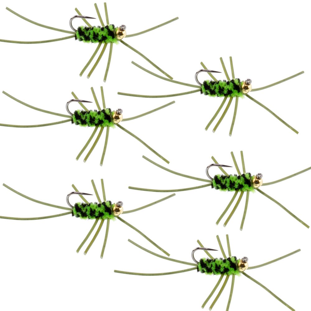 The Fly Fishing Place Tungsten Bead Jigged Pat's Rubber Legs Nymph Fly Fishing Flies - Chartreuse and Black with Olive Legs - Trout and Bass Wet Fly Pattern - 6 Flies Hook Size 10