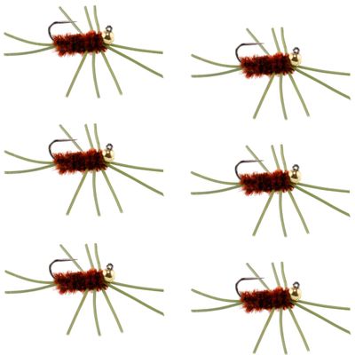 The Fly Fishing Place Tungsten Bead Jigged Pat's Rubber Legs Nymph Fly Fishing Flies - Brown with Olive Legs - Trout and Bass Wet Fly Pattern - 6 Flies Hook Size 10