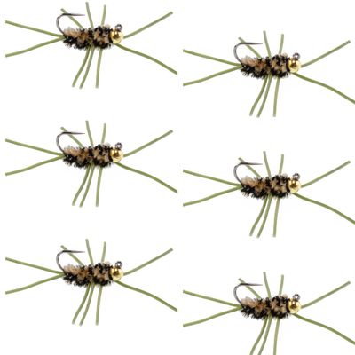 The Fly Fishing Place Tungsten Bead Jigged Pat's Rubber Legs Nymph Fly Fishing Flies - Coffee and Black with Olive Legs - Trout and Bass Wet Fly Pattern - 6 Flies Hook Size 10