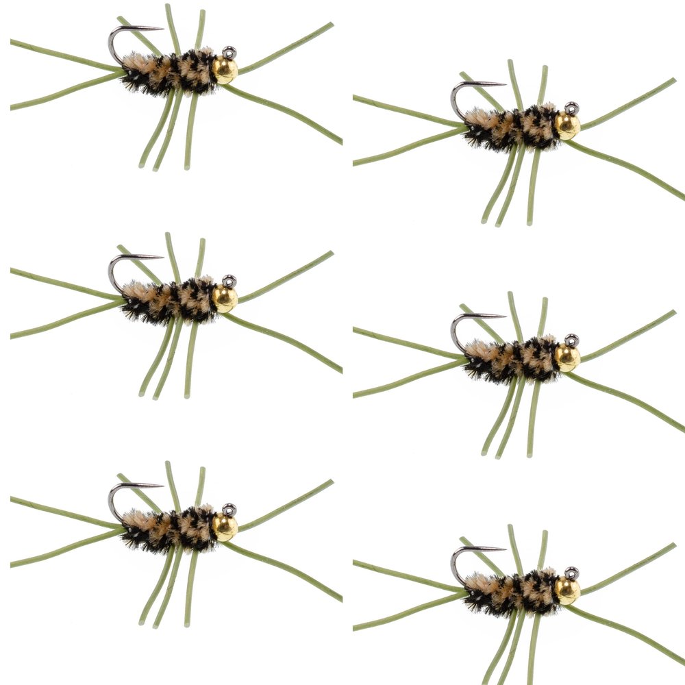 The Fly Fishing Place Tungsten Bead Jigged Pat's Rubber Legs Nymph Fly Fishing Flies - Coffee and Black with Olive Legs - Trout and Bass Wet Fly Pattern - 6 Flies Hook Size 10