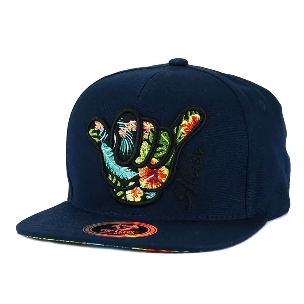 Aloha Hawaii Hat Hawaiian Flower Embroidered Snapback Flat Bill Baseball Cap (Navy Blue - Aloha 1)