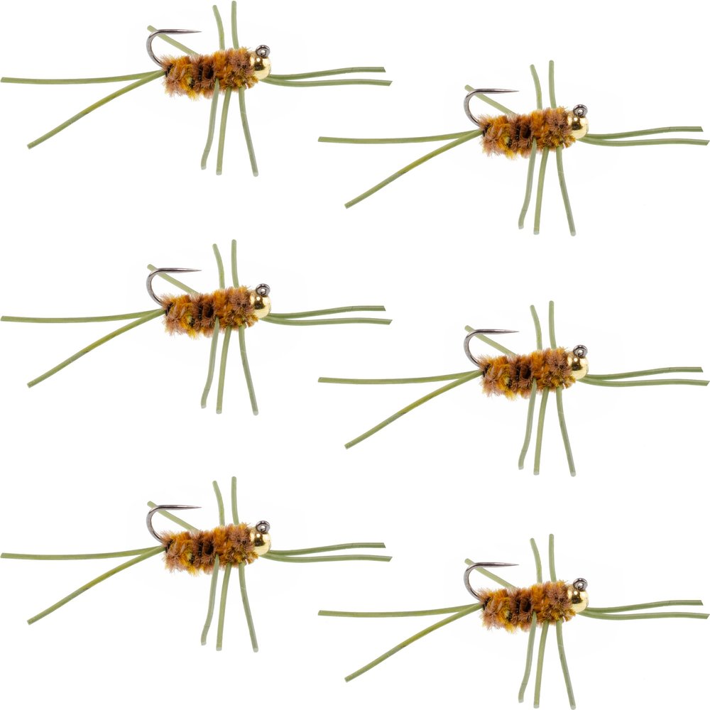 The Fly Fishing Place Tungsten Bead Jigged Pat's Rubber Legs Nymph Fly Fishing Flies - Coffee and Tan with Olive Legs - Trout and Bass Wet Fly Pattern - 6 Flies Hook Size 10