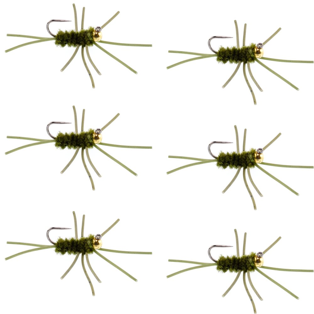 The Fly Fishing Place Tungsten Bead Jigged Pat's Rubber Legs Nymph Fly Fishing Flies - Dark Olive with Olive Legs - Trout and Bass Wet Fly Pattern - 6 Flies Hook Size 10