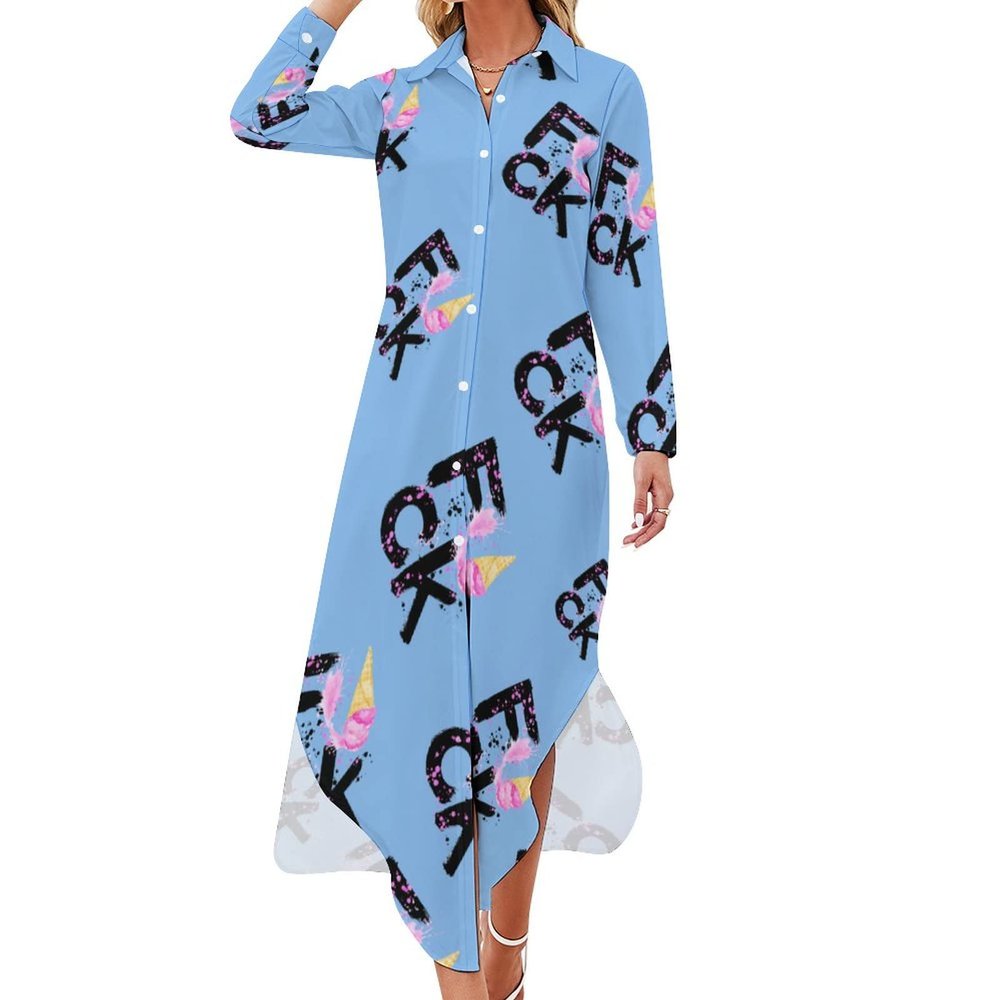 Fuck Ice Cream Shirt Dress Long Sleeve Button Down Dress Casual Loose Maxi Dresses for Women S