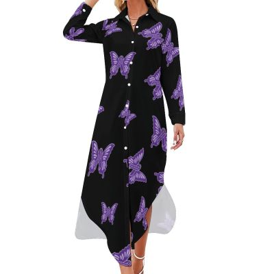 Lupus Awareness Butterfly Shirt Dress Long Sleeve Button Down Dress Casual Loose Maxi Dresses for Women 5XL