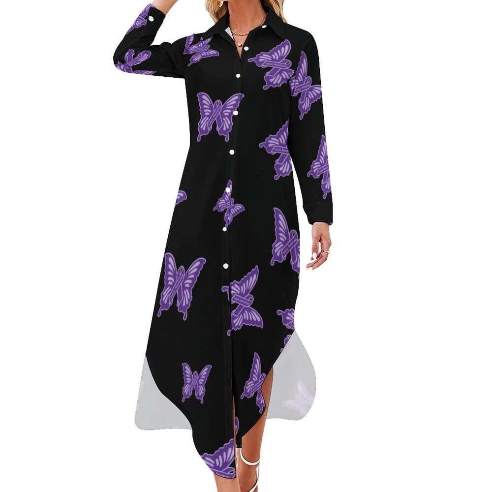 Lupus Awareness Butterfly Shirt Dress Long Sleeve Button Down Dress Casual Loose Maxi Dresses for Women 5XL