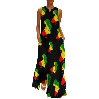 Africa Map Reggae Rasta Women's Ankle-Length Dress Slim Fit Sleeveless Maxi Dresses for Summer Casual 3XL