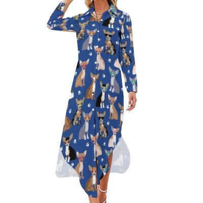 Chihuahua Sunglasses Summer Dog Shirt Dress Long Sleeve Button Down Dress Casual Loose Maxi Dresses for Women 2XL