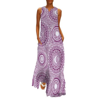 Lilac Mandala Stars and Moons Women's Ankle-Length Dress Slim Fit Sleeveless Maxi Dresses for Summer Casual 3XL