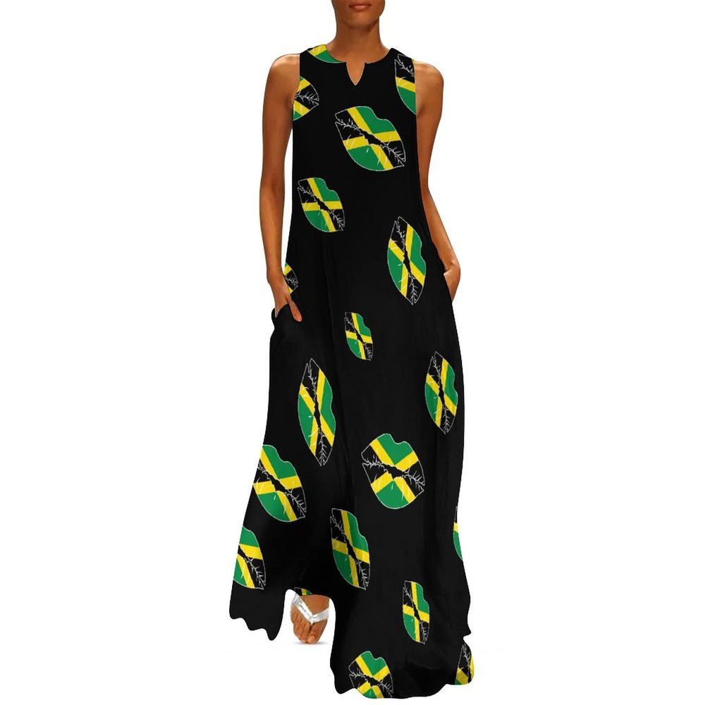 Jamaican Flag Lip Women's Ankle-Length Dress Slim Fit Sleeveless Maxi Dresses for Summer Casual L