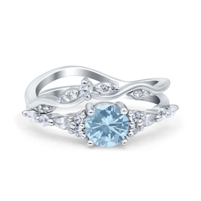 OMRANII Simulated Aquamarine CZ Size-5 Two Piece Vintage Style Art Deco Wedding Engagement Bridal Set Ring Band Pear Round CZ 925 Sterling Silver