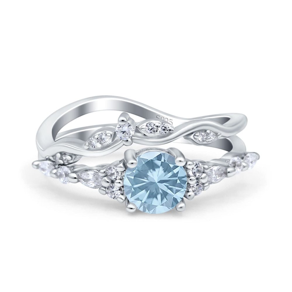 OMRANII Simulated Aquamarine CZ Size-5 Two Piece Vintage Style Art Deco Wedding Engagement Bridal Set Ring Band Pear Round CZ 925 Sterling Silver