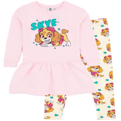 Paw Patrol Girls Sweater Dress And Leggings Set | Kids Skye Pink Sweatshirt Jumper & Cream Trousers Complete Outfit