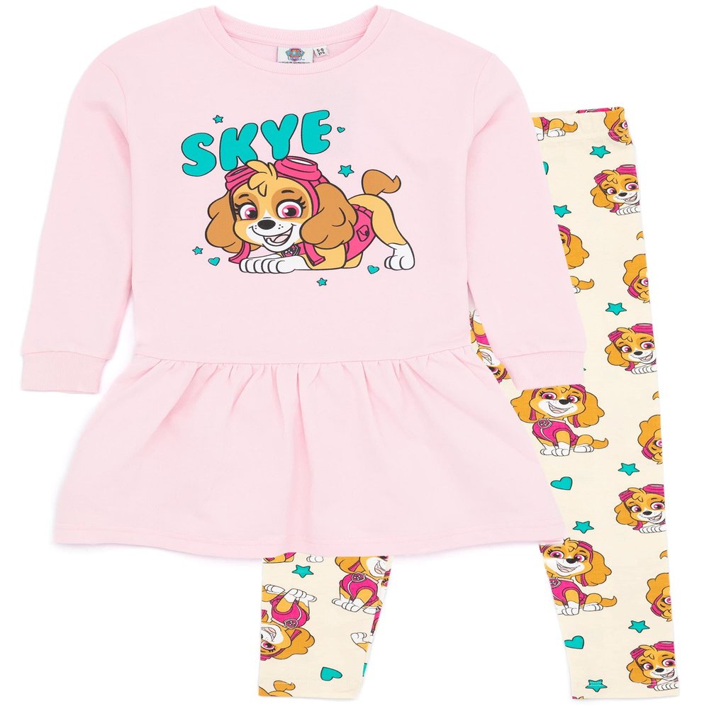 Paw Patrol Girls Sweater Dress And Leggings Set | Kids Skye Pink Sweatshirt Jumper & Cream Trousers Complete Outfit