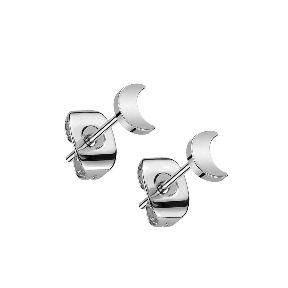 20GA F136 Implant Grade Titanium Flat Crescent Moon Shaped Top Stud Earrings, Sold as a Pair (Silver Tone)