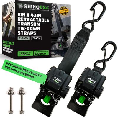 Rhino USA Retractable Boat Trailer Tie Down Straps 2PK  Durable (2in x 43in) Trailer Mount Transom Straps for Boat, Jet Ski  Powder Coated Black Steel  Fresh Water Compatible