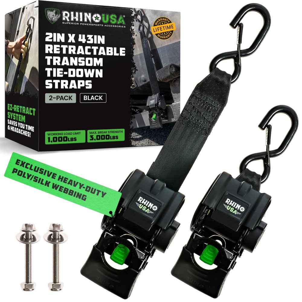 Rhino USA Retractable Boat Trailer Tie Down Straps 2PK  Durable (2in x 43in) Trailer Mount Transom Straps for Boat, Jet Ski  Powder Coated Black Steel  Fresh Water Compatible
